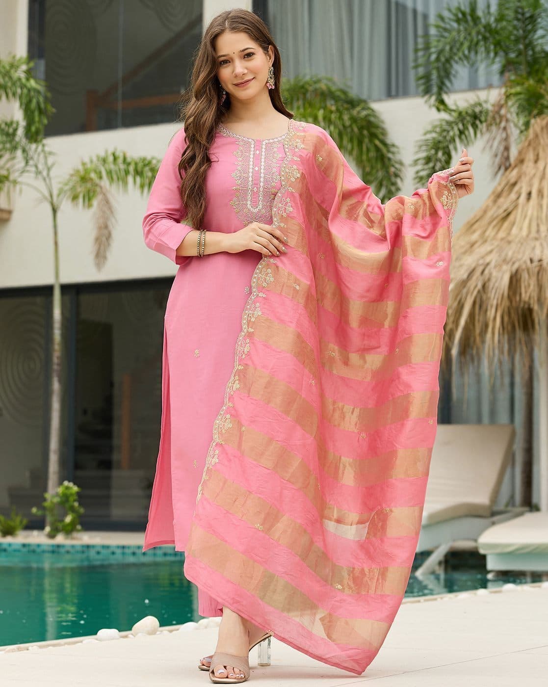 The52 Women's Gorgeous Cotton Blend Embroidery Straight Kurta with Pant And Dupatta Set