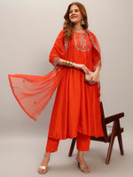 Thumbnail for The52 Embroidered Vichitra Silk Fabric Straight Kurta, Pant and Dupatta Set
