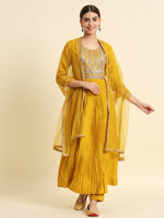 Thumbnail for The52 Sequence Embroidered Plating Work Mustard Yellow Pure Chanderi Silk Flare Kurta With Pant & Dupatta Set