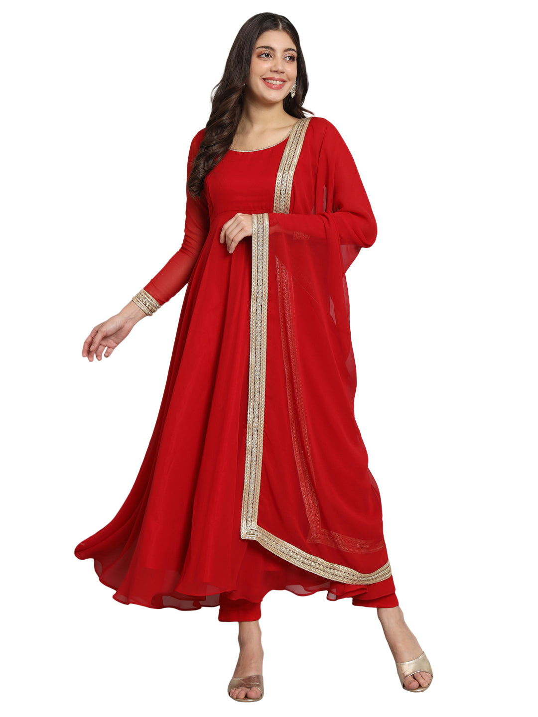 Fab Fashion Cherry Red Georgette Gota Anarkali Set - Distacart