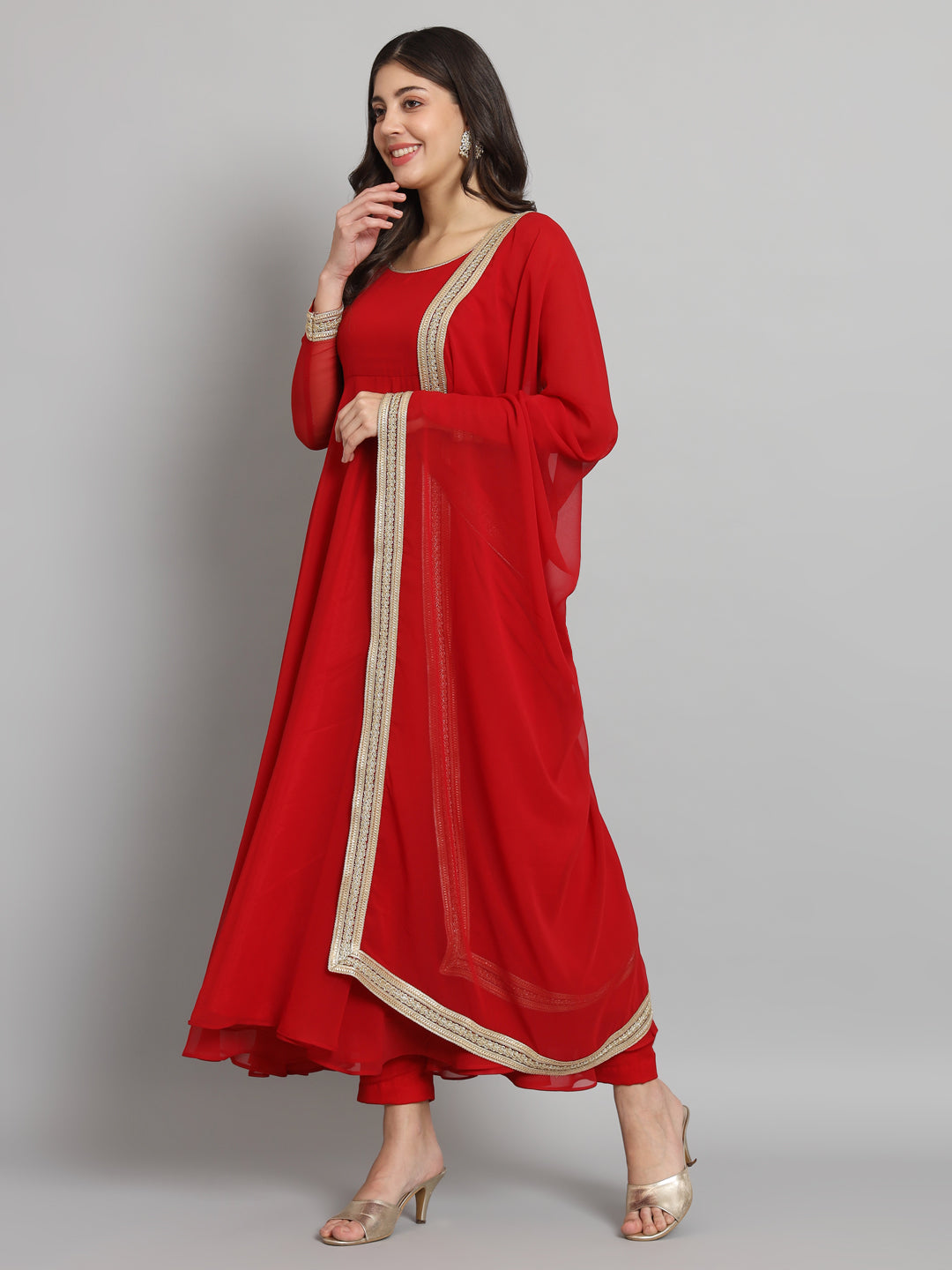 Fab Fashion Cherry Red Georgette Gota Anarkali Set - Distacart