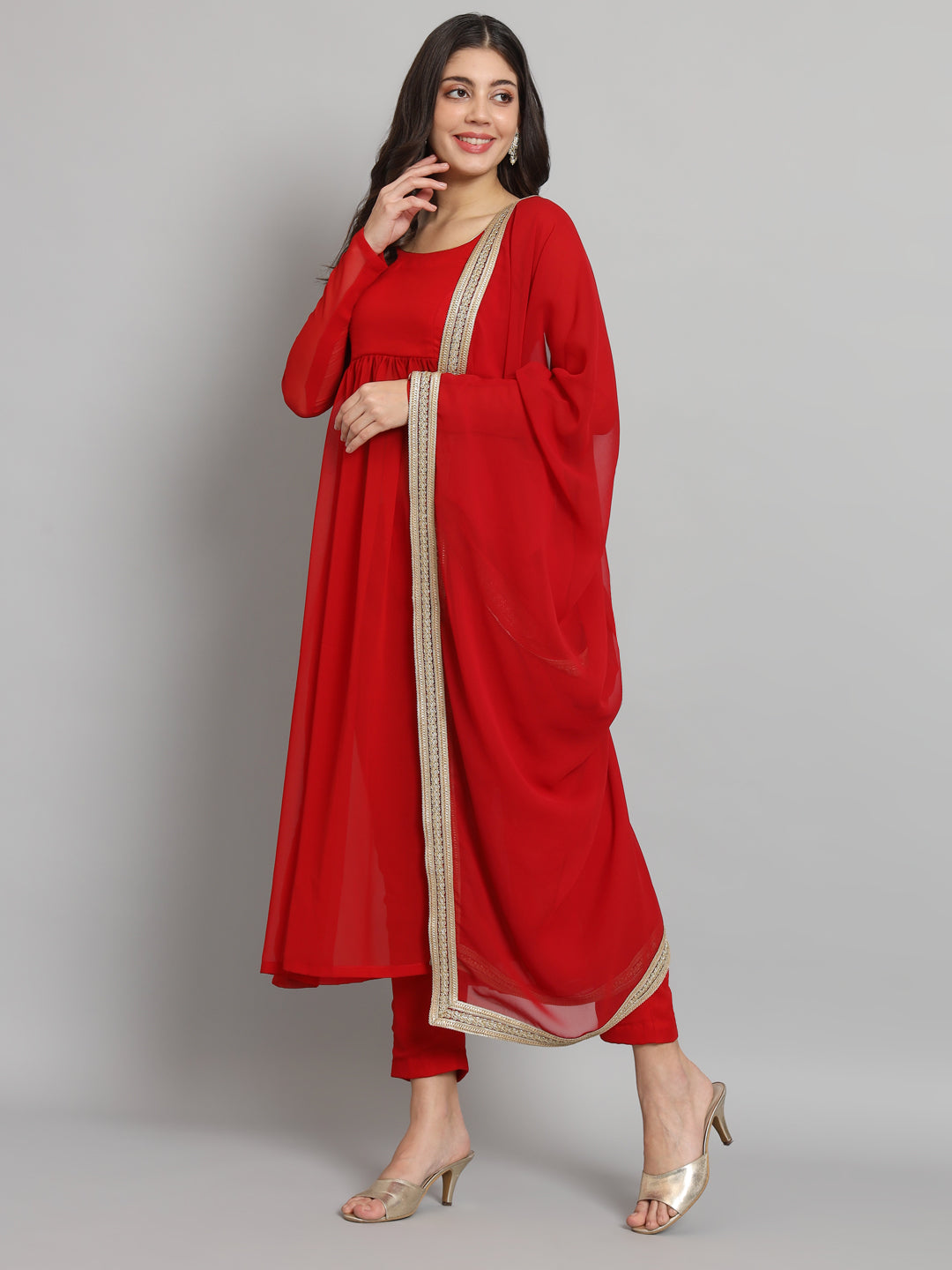 Fab Fashion Cherry Red Georgette Side Slit Set - Distacart