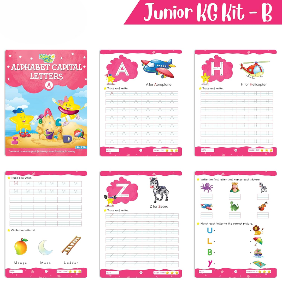 Rising Star Preschool Learning Junior KG Kit B| Alphabet Letters Writing| Numbers| General Knowledge| Rhymes & Stories| Worksheets & Assessment Book - Distacart