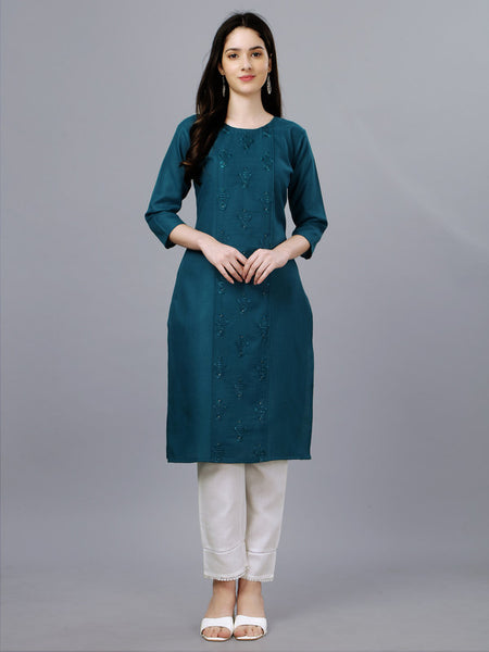 Blue Straight Embroidered Kurti - Hiral Fashion