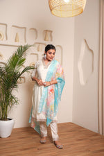 Thumbnail for Lorenvalley Offwhite Chanderi Cotton Embroidered Work Kurta Set - Distacart