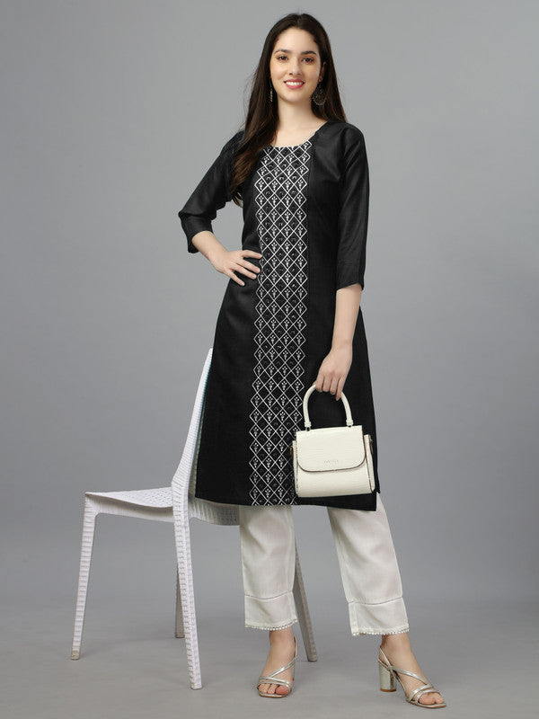 NOZ2TOZ Womens Embroidered Straight Black Kurti