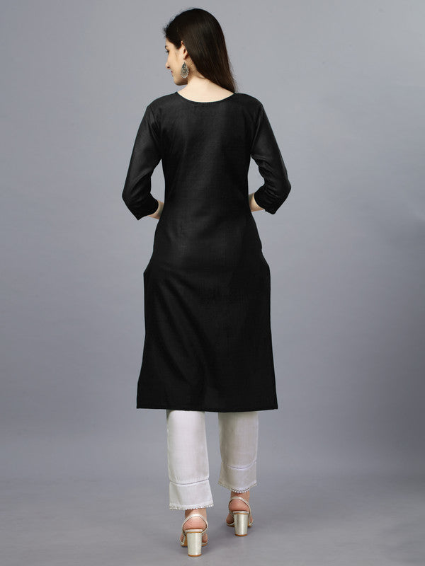 NOZ2TOZ Womens Embroidered Straight Black Kurti