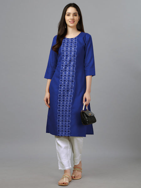Royal Blue Straight Embroidered Kurti - Hiral Fashion