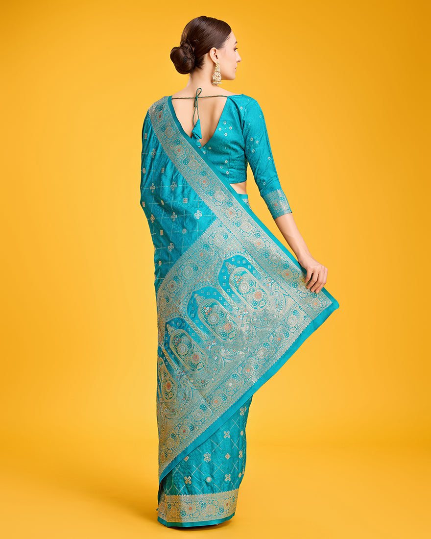 Monjolika Fashion Blushing Cyan Color Banarasi Satin Zari Woven Work Enhanced Elegance Silk Saree - Distacart