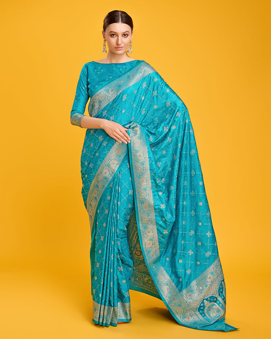 Monjolika Fashion Blushing Cyan Color Banarasi Satin Zari Woven Work Enhanced Elegance Silk Saree - Distacart