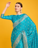 Thumbnail for Monjolika Fashion Blushing Cyan Color Banarasi Satin Zari Woven Work Enhanced Elegance Silk Saree - Distacart