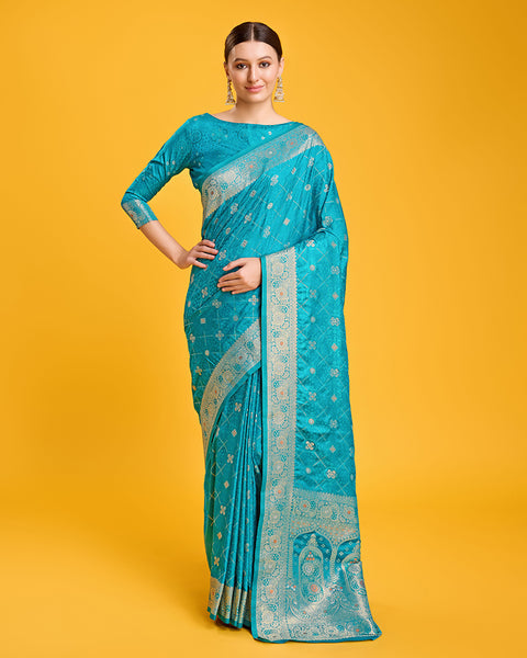 Monjolika Fashion Blushing Cyan Color Banarasi Satin Zari Woven Work Enhanced Elegance Silk Saree - Distacart