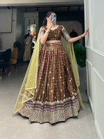 Thumbnail for Lorenvalley Brown Chinon Digital Print with Embroidery Sequins Work Lehenga Choli with Dupatta - Distacart