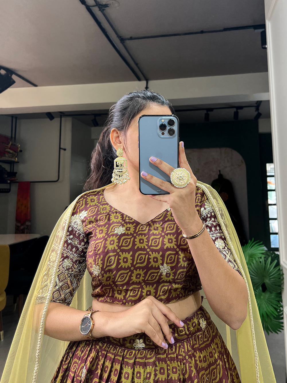 Lorenvalley Brown Chinon Digital Print with Embroidery Sequins Work Lehenga Choli with Dupatta - Distacart