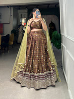 Thumbnail for Lorenvalley Brown Chinon Digital Print with Embroidery Sequins Work Lehenga Choli with Dupatta - Distacart