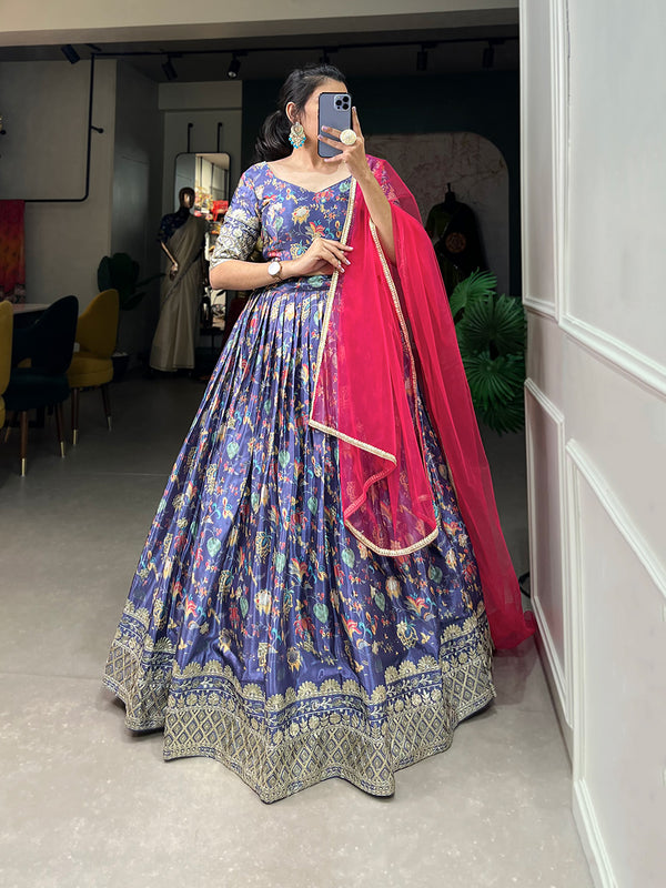 Lorenvalley Lavender Chinon Digital Print with Embroidery Sequins Work Lehenga Choli with Dupatta - Distacart