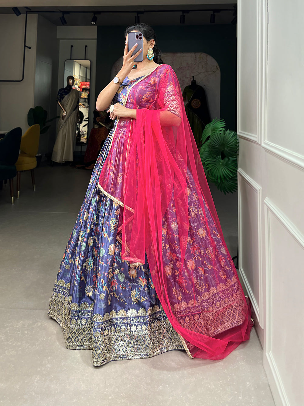 Lorenvalley Lavender Chinon Digital Print with Embroidery Sequins Work Lehenga Choli with Dupatta - Distacart
