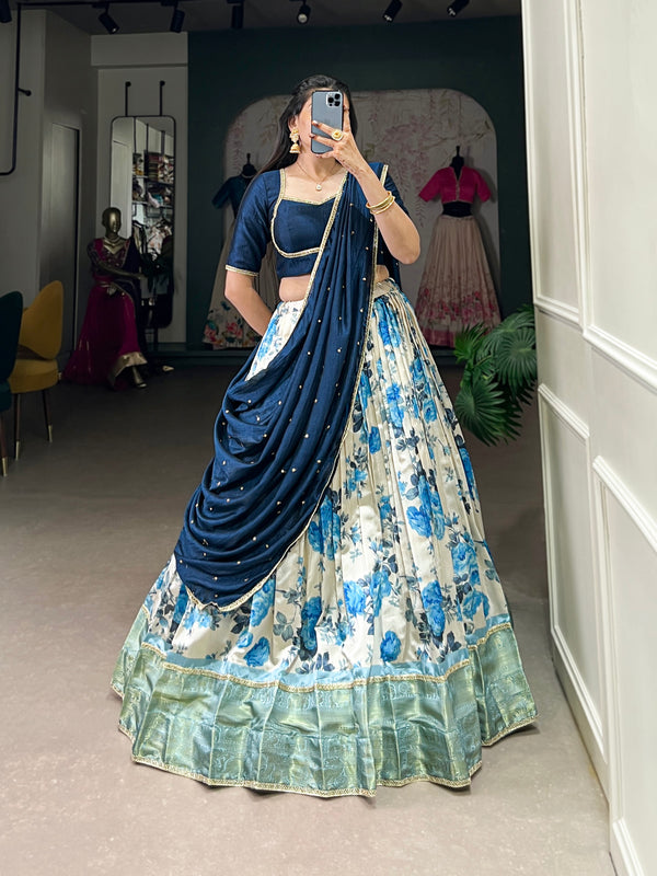 Lorenvalley Blue and White Dola Silk Floral Print And Zari Weaving Work With Lace Touch Up Lehenga Choli - Distacart