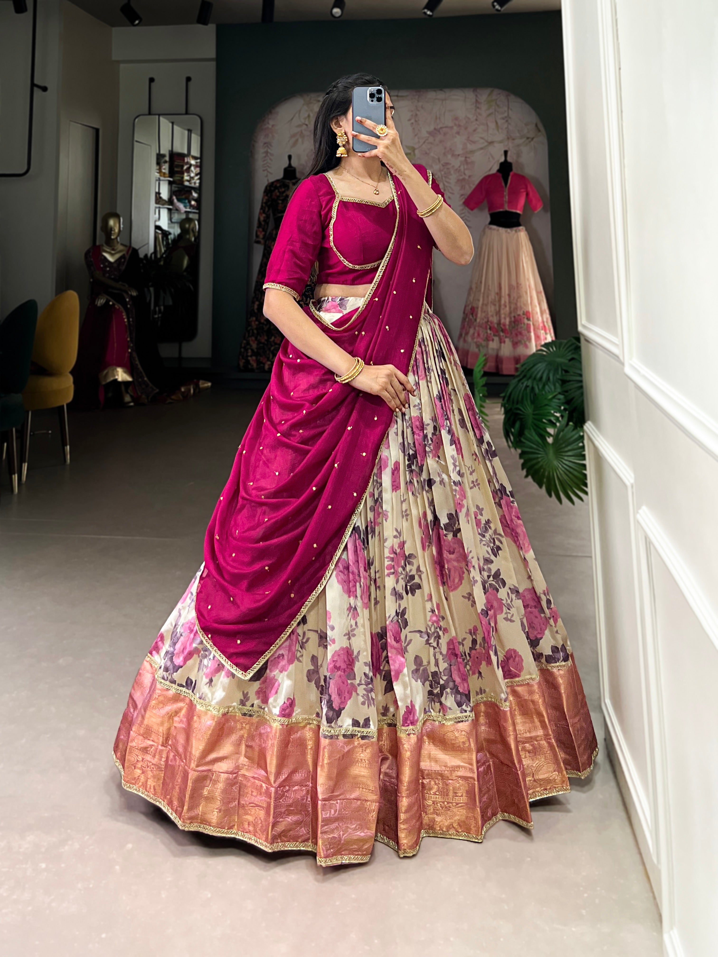 Lorenvalley Ranipink and White Dola Silk Floral Print And Zari Weaving Work With Lace Touch Up Lehenga Choli - Distacart