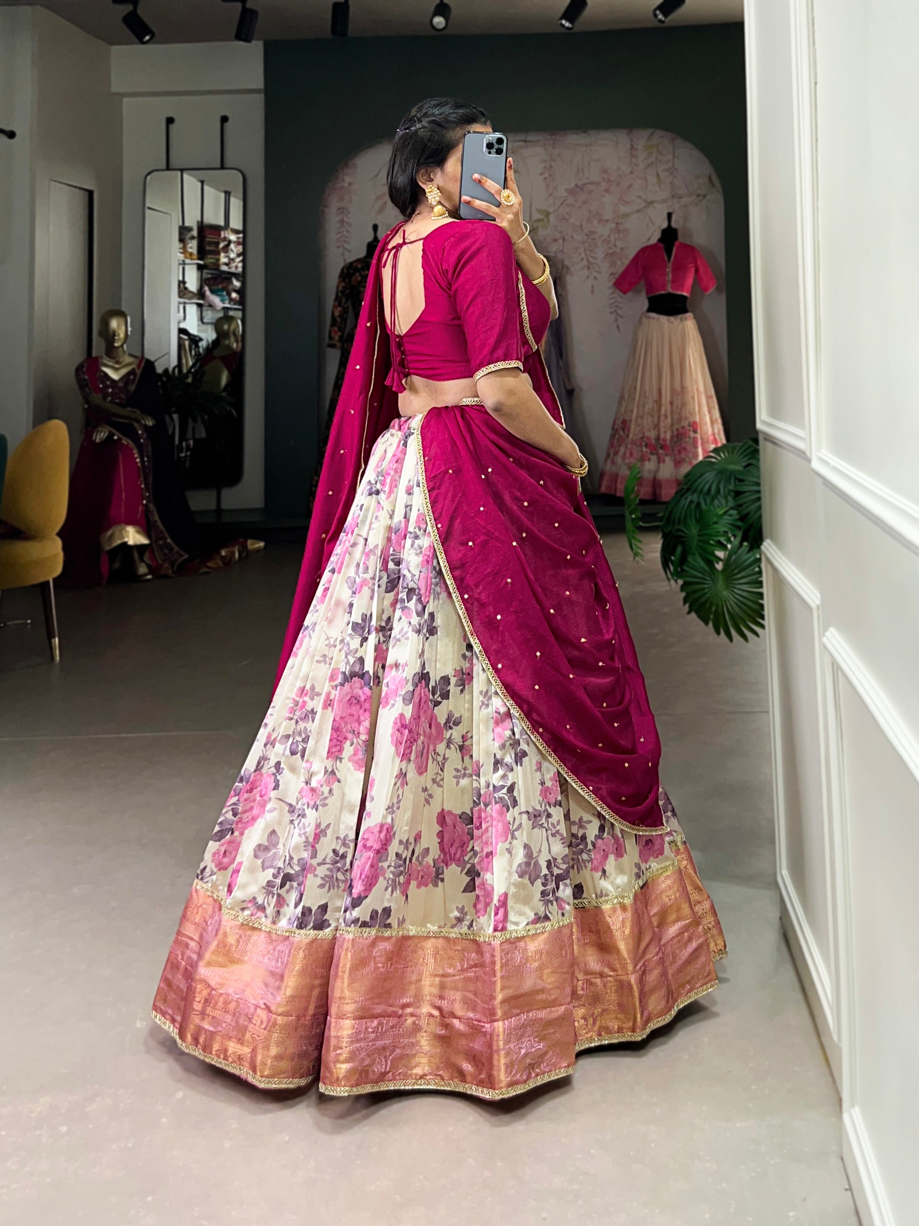 Lorenvalley Ranipink and White Dola Silk Floral Print And Zari Weaving Work With Lace Touch Up Lehenga Choli - Distacart