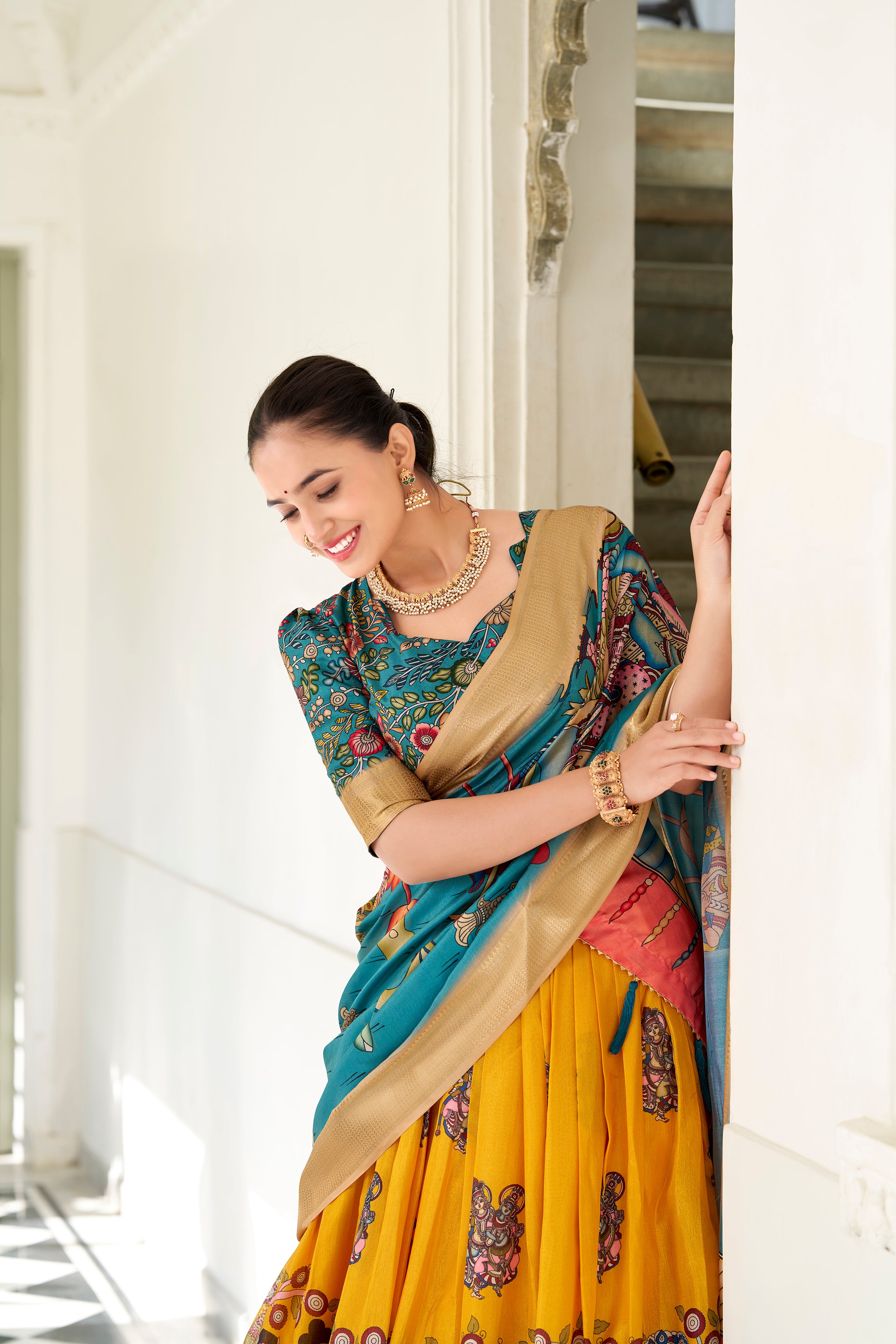 Lorenvalley White Dola Silk with Jacquard Printed (Kalamkari) with Zari Weaving Border Lehenga Choli - Distacart