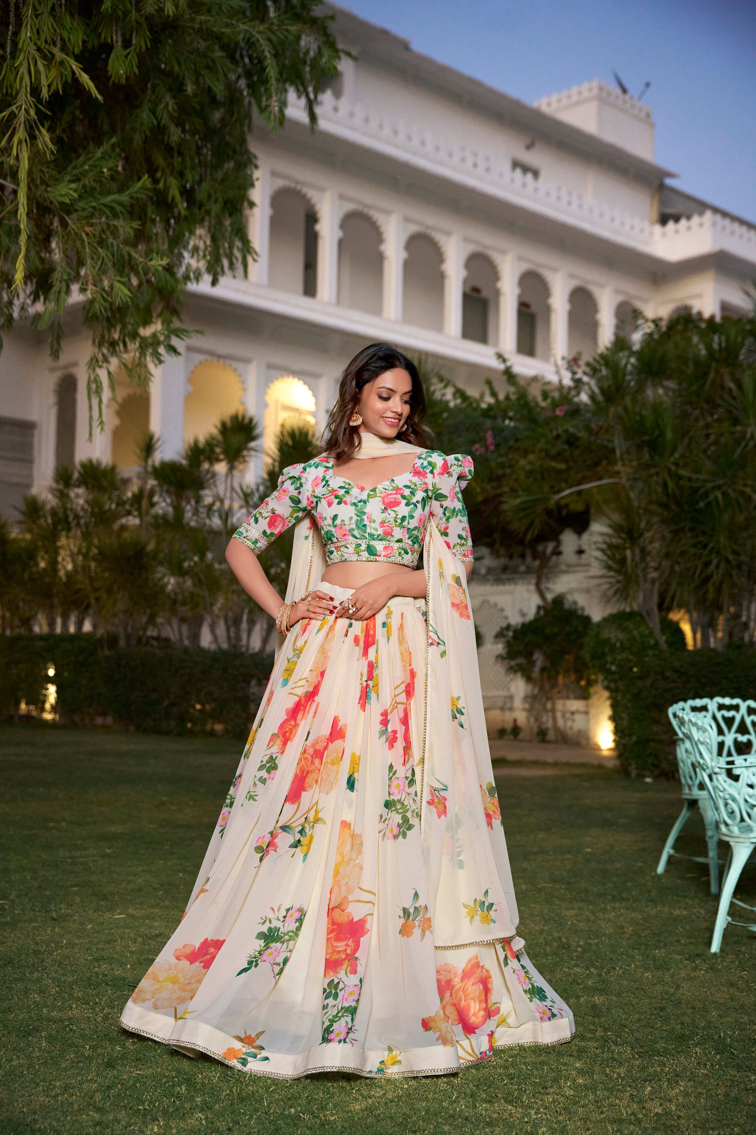 Lorenvalley Fashion Cream Georgette Floral Print With Lace Border Lehenga Choli with Dupatta