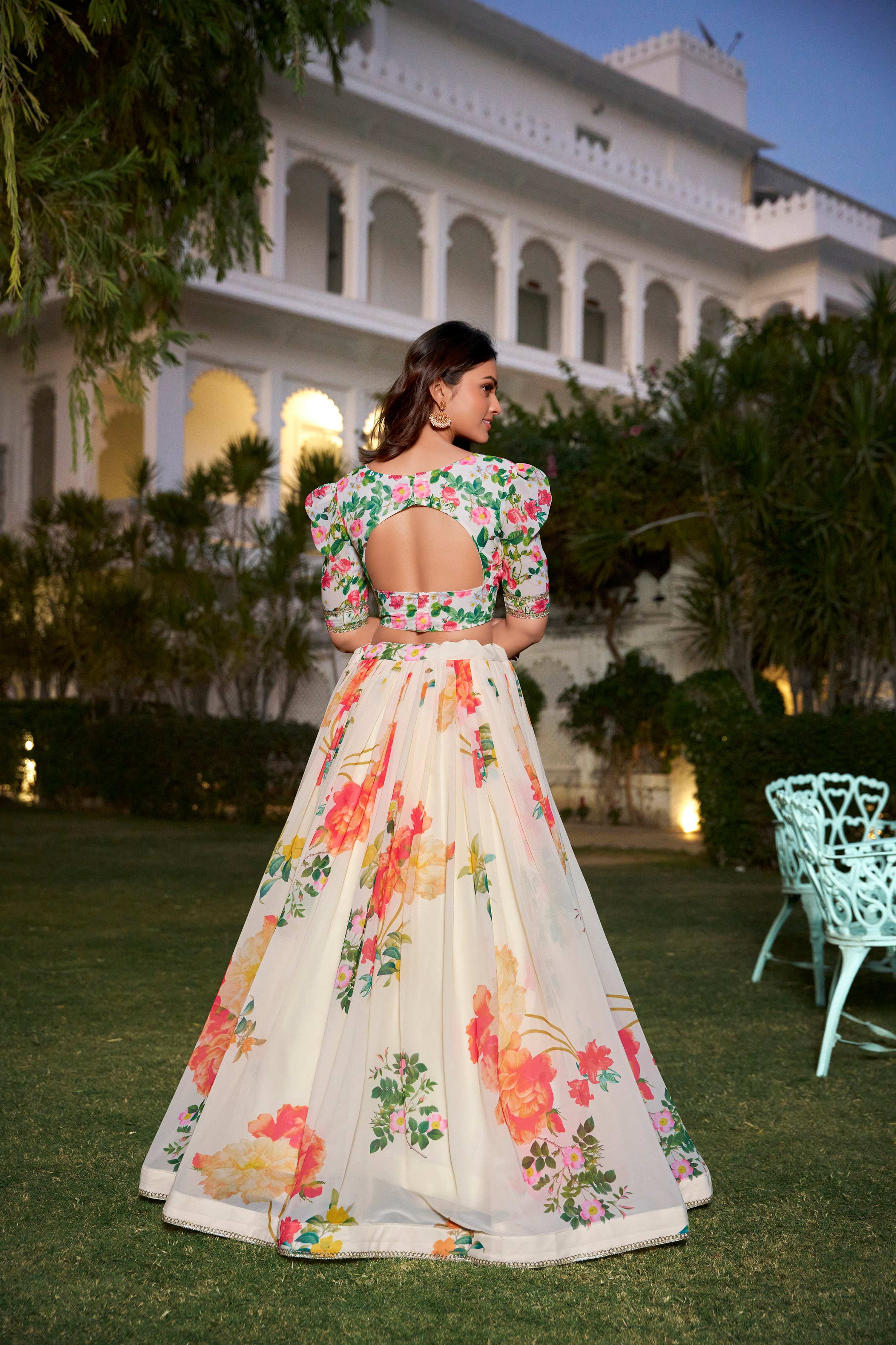 Lorenvalley Fashion Cream Georgette Floral Print With Lace Border Lehenga Choli with Dupatta