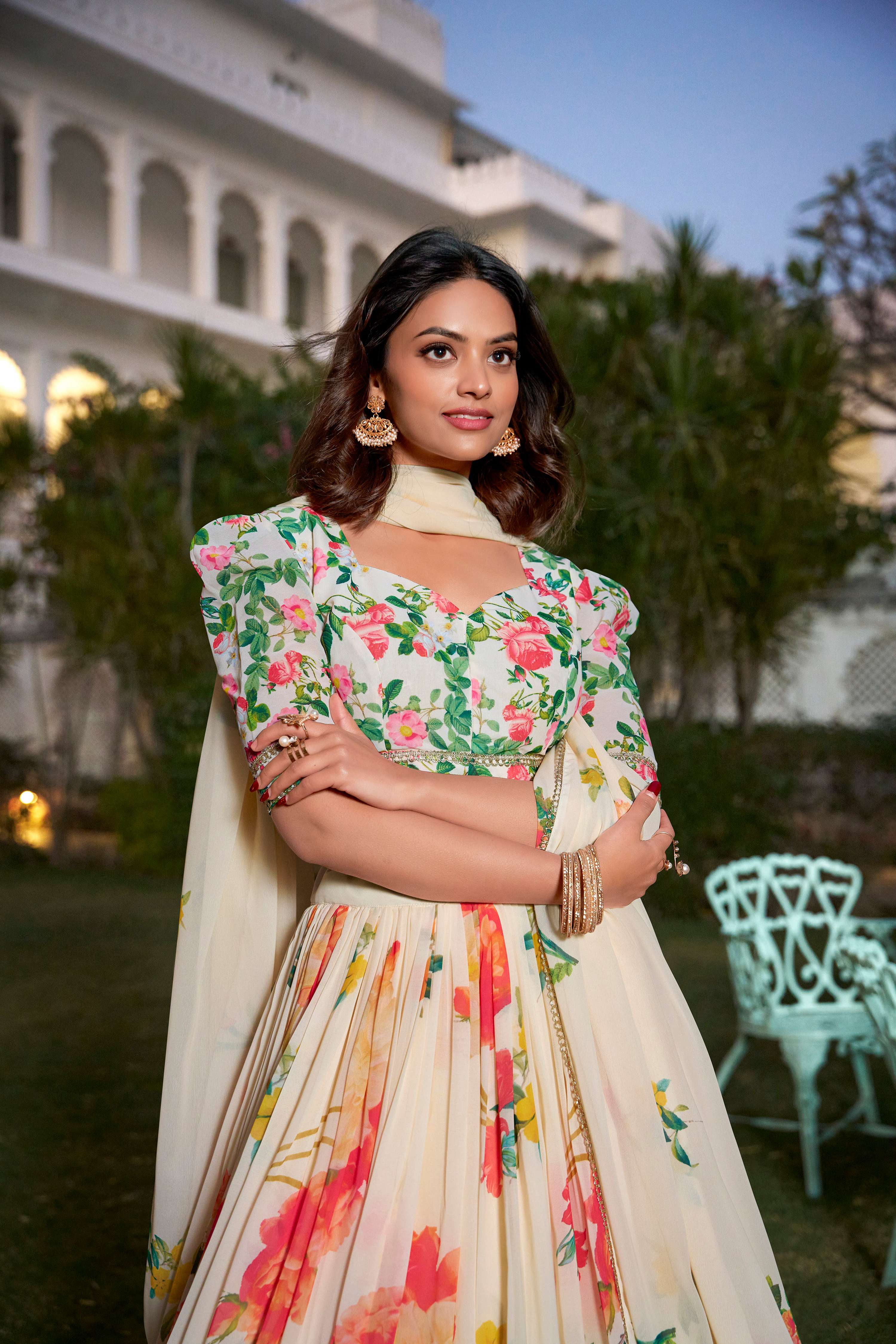 Lorenvalley Fashion Cream Georgette Floral Print With Lace Border Lehenga Choli with Dupatta