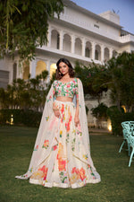 Thumbnail for Lorenvalley Fashion Cream Georgette Floral Print With Lace Border Lehenga Choli with Dupatta