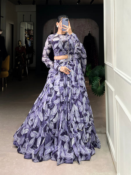 Lorenvalley Navy Blue Floral Print With Lace Touch Up Lehenga Choli with Dupatta - Distacart