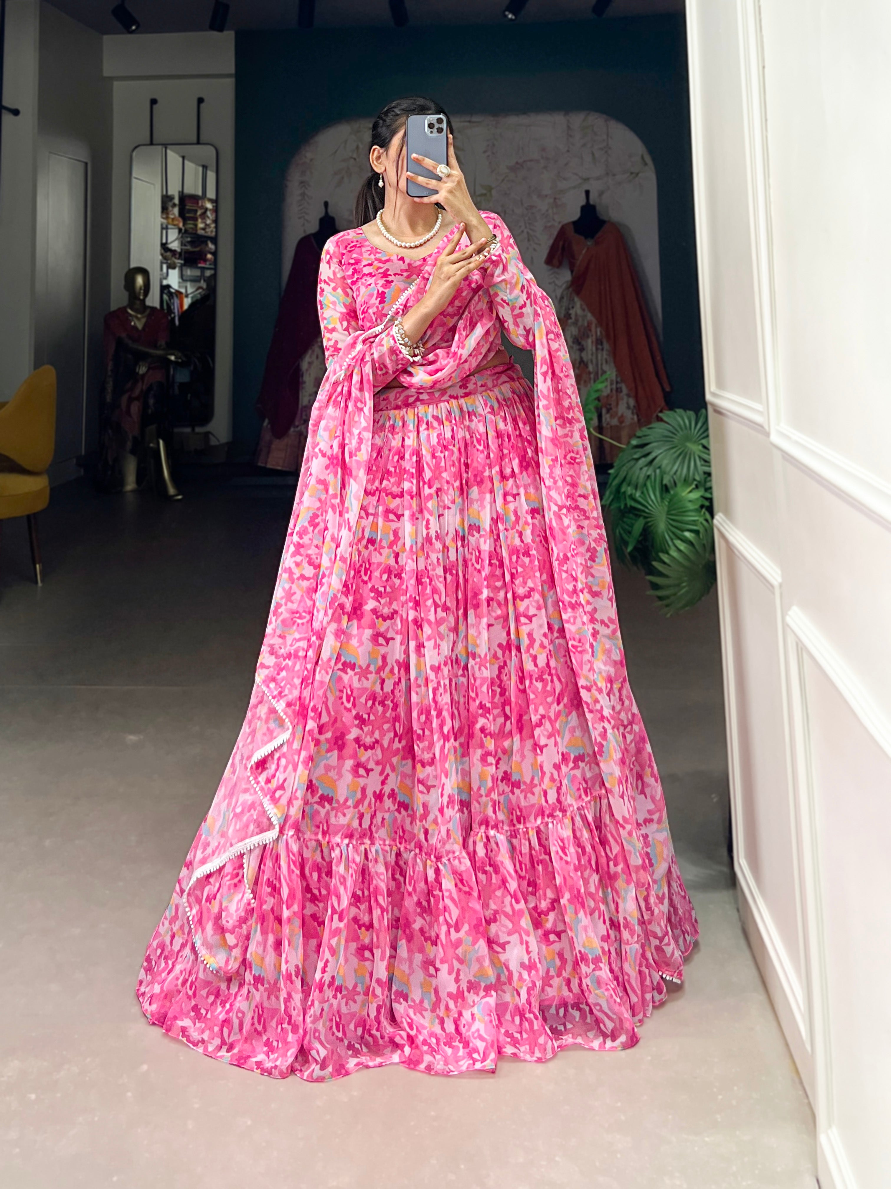 Lorenvalley Pink Georgette Printed Lehenga Choli - Distacart