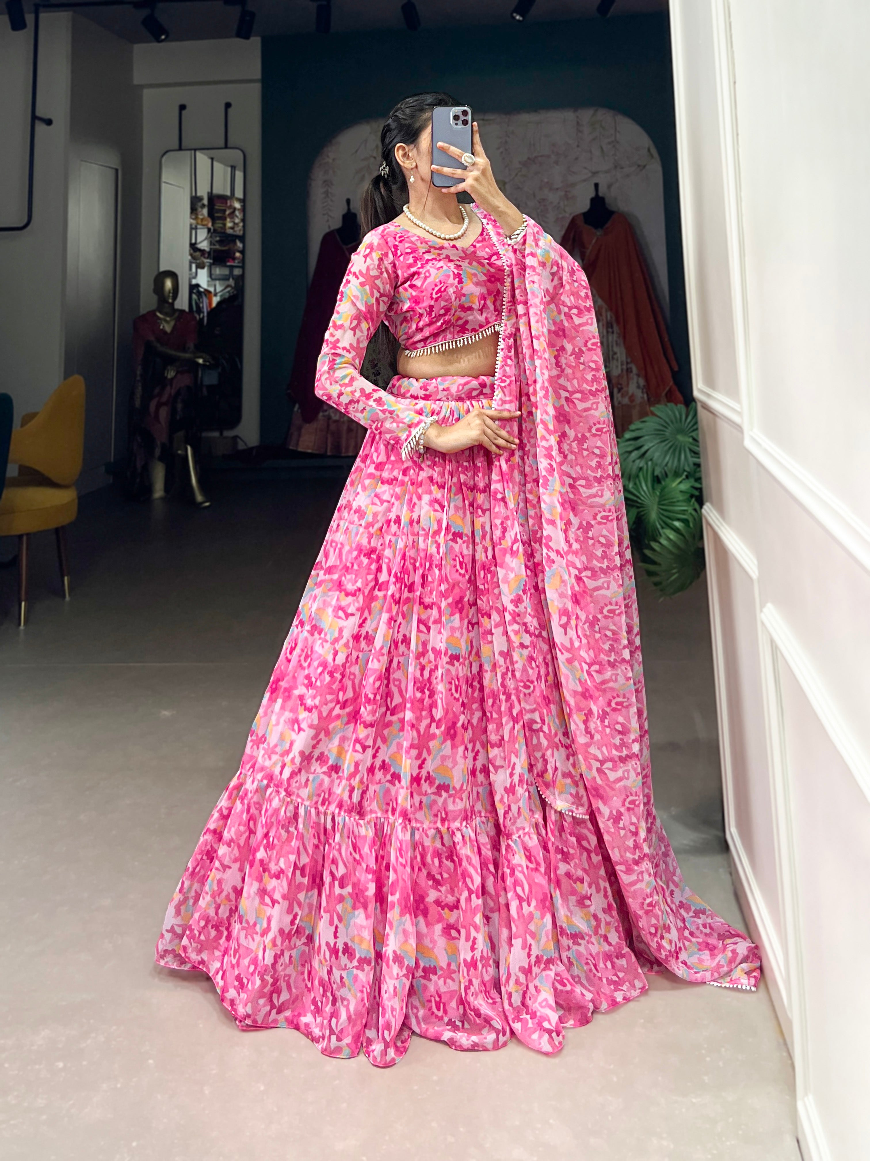 Lorenvalley Pink Georgette Printed Lehenga Choli - Distacart