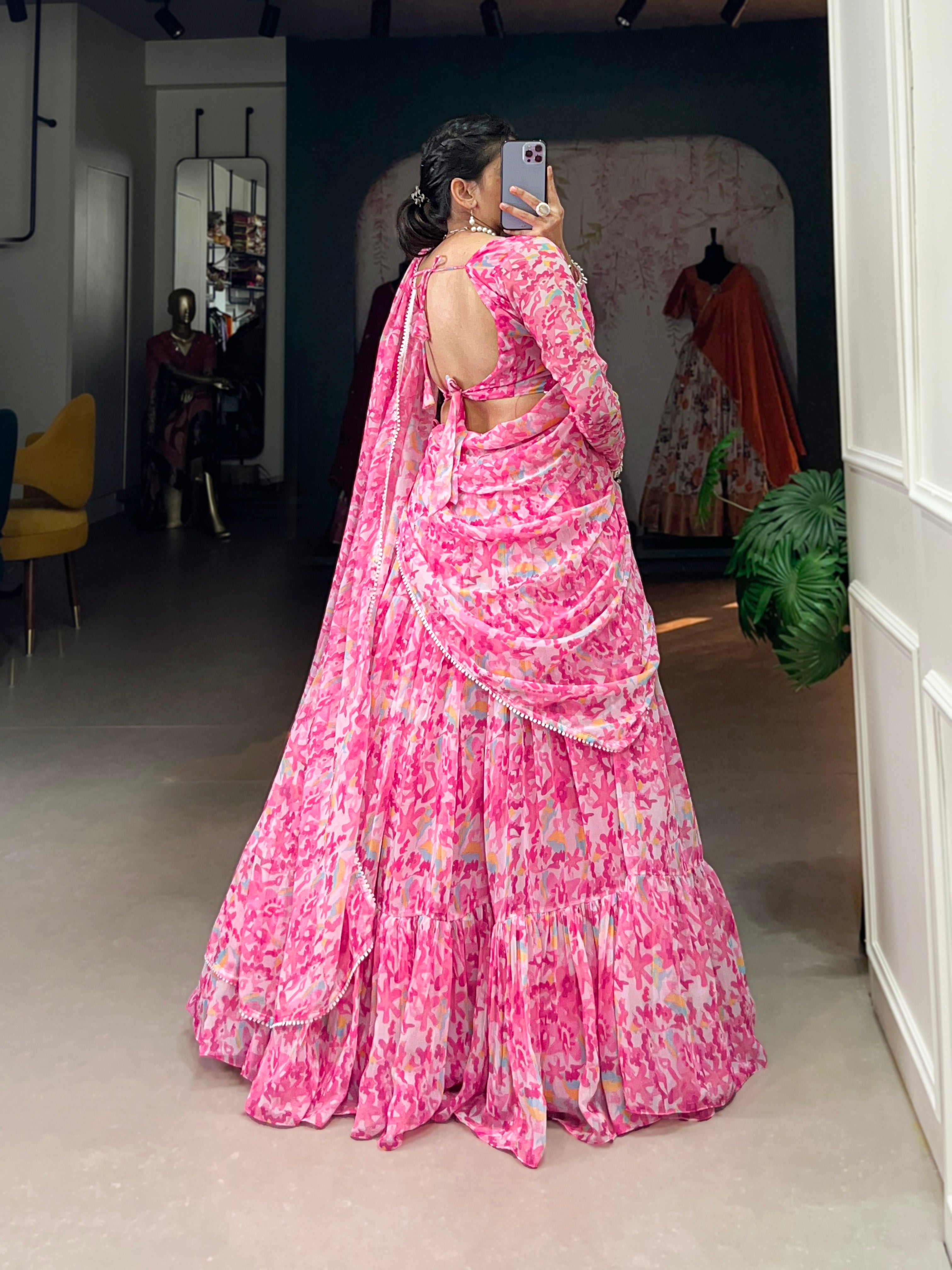 Lorenvalley Pink Georgette Printed Lehenga Choli - Distacart