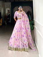 Thumbnail for Lorenvalley Pink Tabby Silk Floral Print With Lace Touch Up Lehenga Choli with Dupatta - Distacart