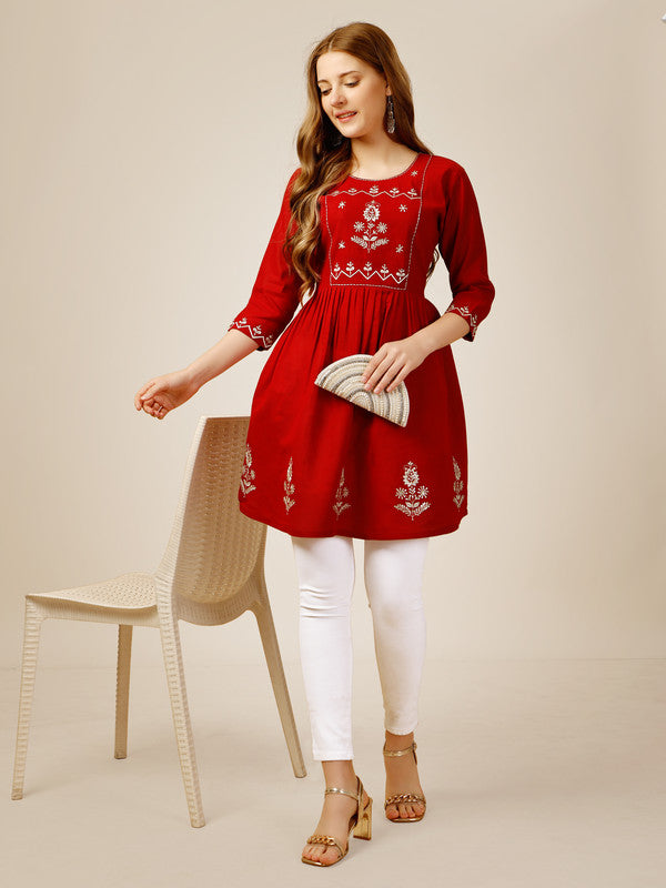 Malishka Women's Embroidered A-Line Red Tunic - Distacart