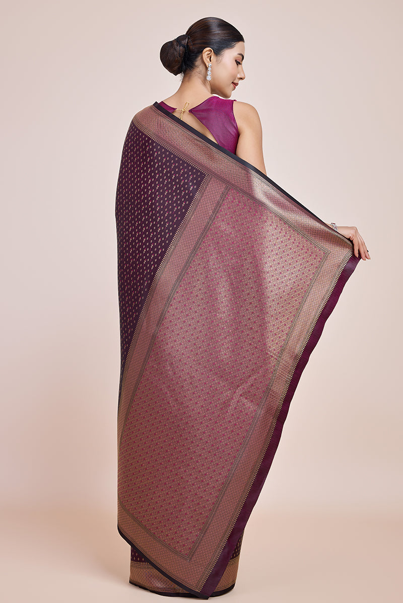 Monjolika Fashion Glamour And Tradition With This Zari Woven Wine Color Banarasi Satin Silk Saree - Distacart