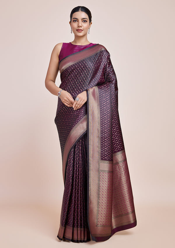 Monjolika Fashion Glamour And Tradition With This Zari Woven Wine Color Banarasi Satin Silk Saree - Distacart