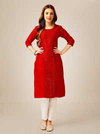 Thumbnail for NOZ2TOZ Women Embroidered Cotton Blend Kurta Pant Set - Red
