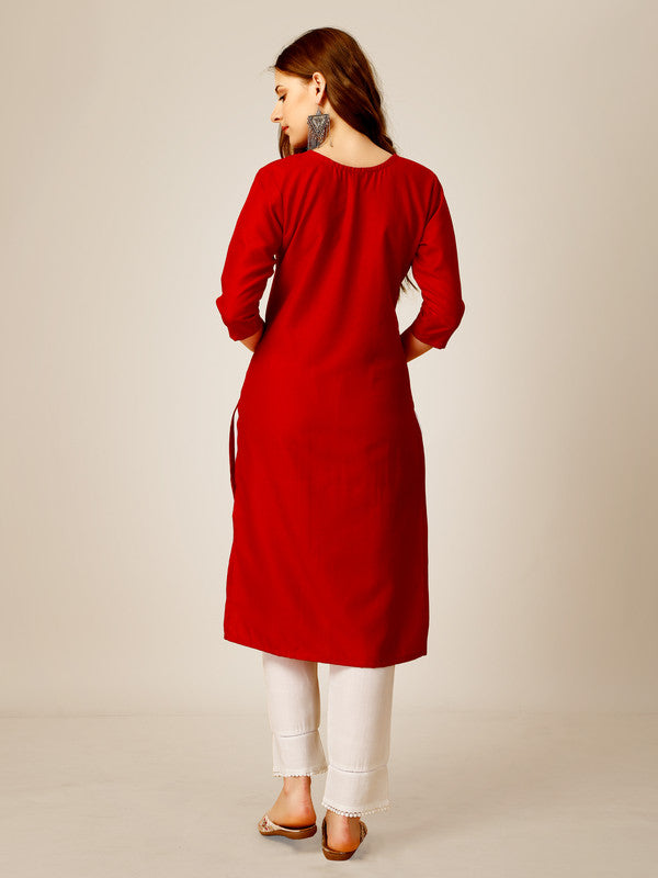 NOZ2TOZ Women Embroidered Cotton Blend Kurta Pant Set - Red
