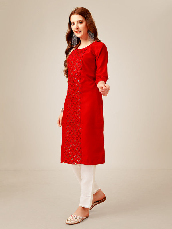 NOZ2TOZ Women Embroidered Cotton Blend Kurta Pant Set - Red