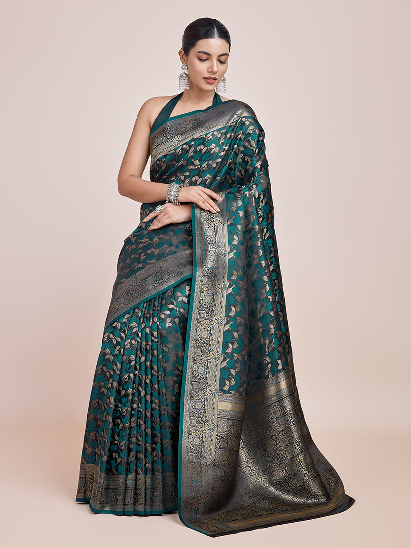 Monjolika Fashion Banarasi Satin Silk Dark Teal Weaving Designer Saree - Distacart