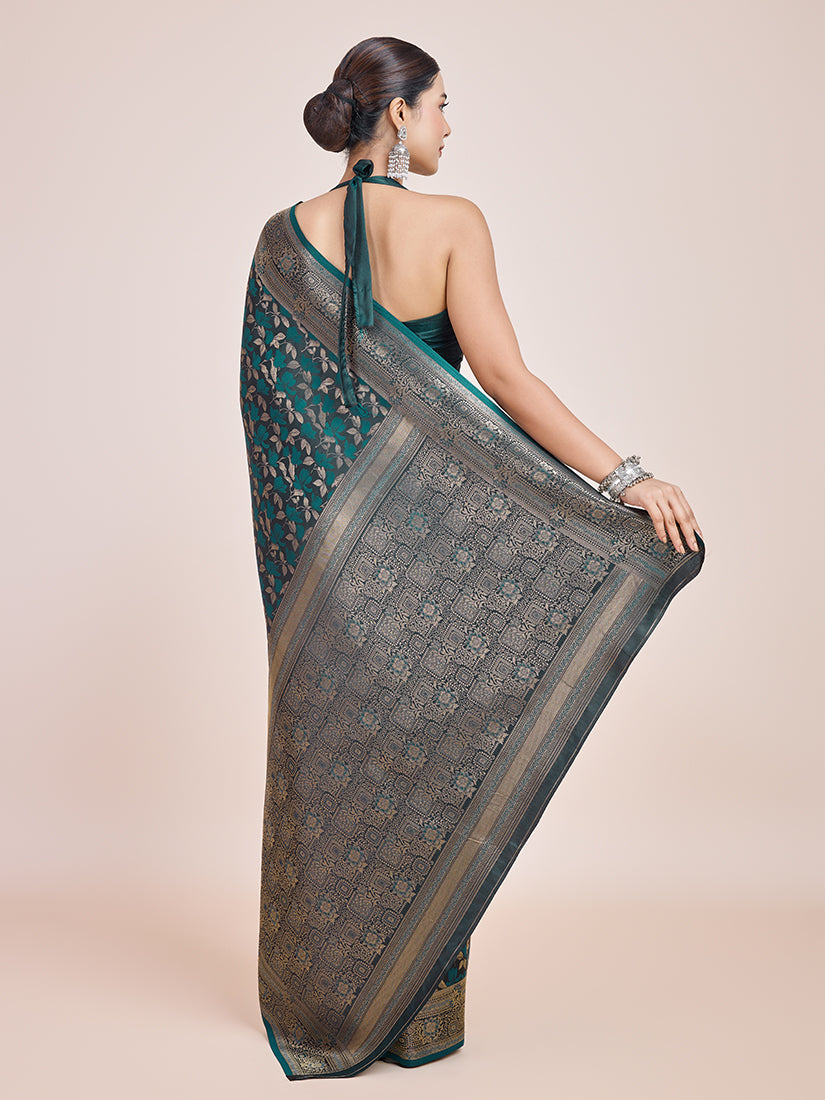 Monjolika Fashion Banarasi Satin Silk Dark Teal Weaving Designer Saree - Distacart