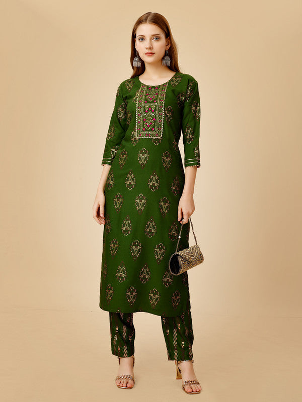 Green Embroidered Women Kurta Pant Set - Hiral Fashion