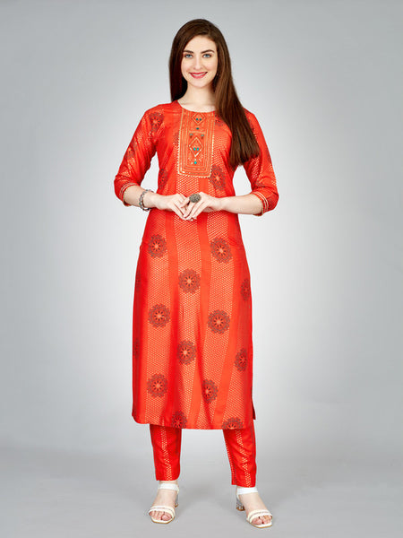 Orange Embroidered Women Kurta Pant Set - Hiral Fashion