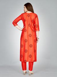 Thumbnail for Orange Embroidered Women Kurta Pant Set - Hiral Fashion
