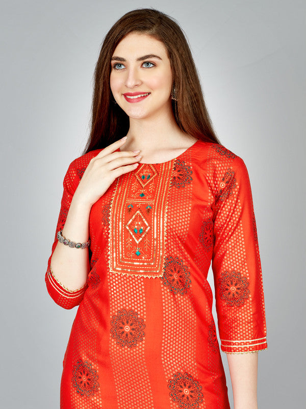 Orange Embroidered Women Kurta Pant Set - Hiral Fashion