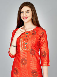 Thumbnail for Orange Embroidered Women Kurta Pant Set - Hiral Fashion