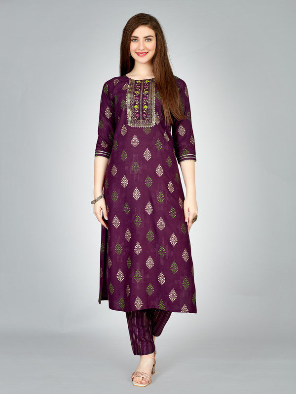Malishka Women's Embroidered Rayon Kurta Pant Set-Purple - Distacart