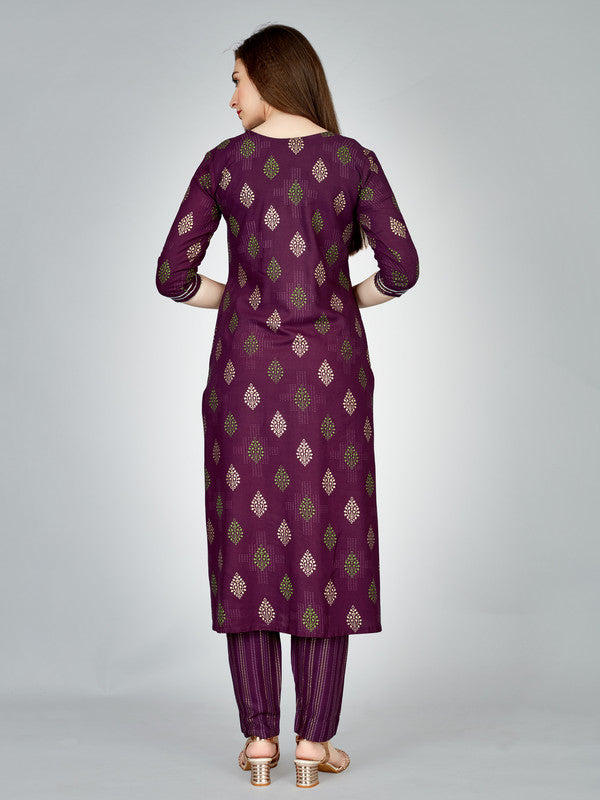 Malishka Women's Embroidered Rayon Kurta Pant Set-Purple - Distacart