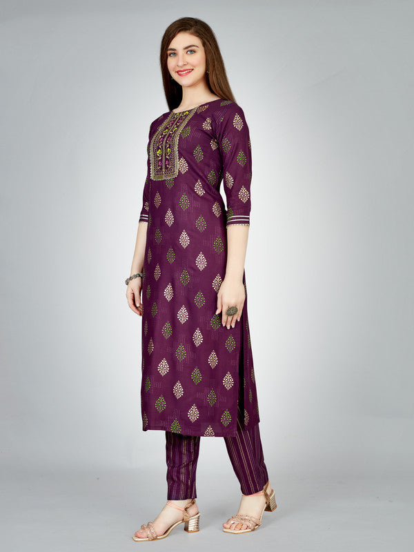Malishka Women's Embroidered Rayon Kurta Pant Set-Purple - Distacart